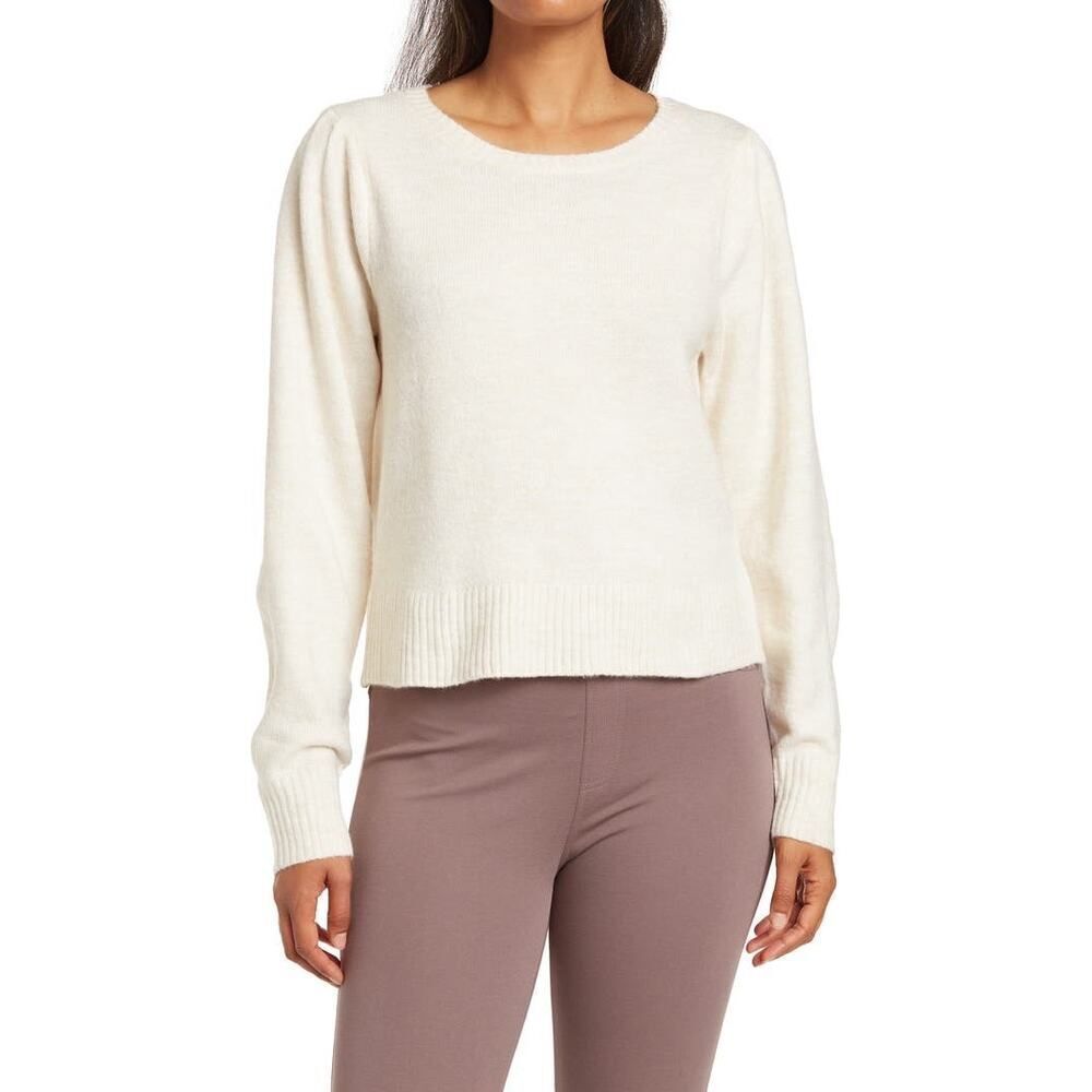 Sanctuary Pretty Pleats Stripe Crop Sweater Women's Large Cream Long Sleeve